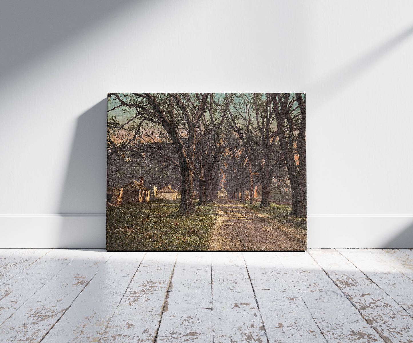 A picture of The Hermitage, Savannah, a mockup of the print leaning against a wall