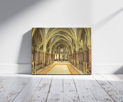 A picture of The Holy Chapel (i.e., Sainte-Chappelle), interior of lower chapel, Paris, France, a mockup of the print leaning against a wall