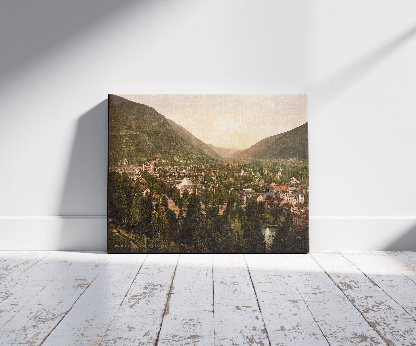 A picture of The hotels, Luchon, Pyrenees, France, a mockup of the print leaning against a wall