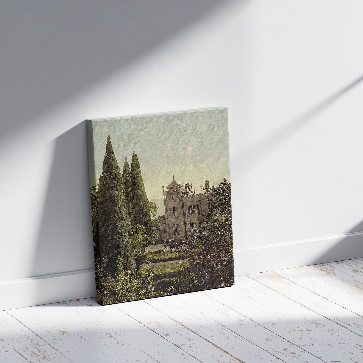 A picture of The Imperial Castle, Alupku, Alupka the Crimea, Ukraine, a mockup of the print leaning against a wall