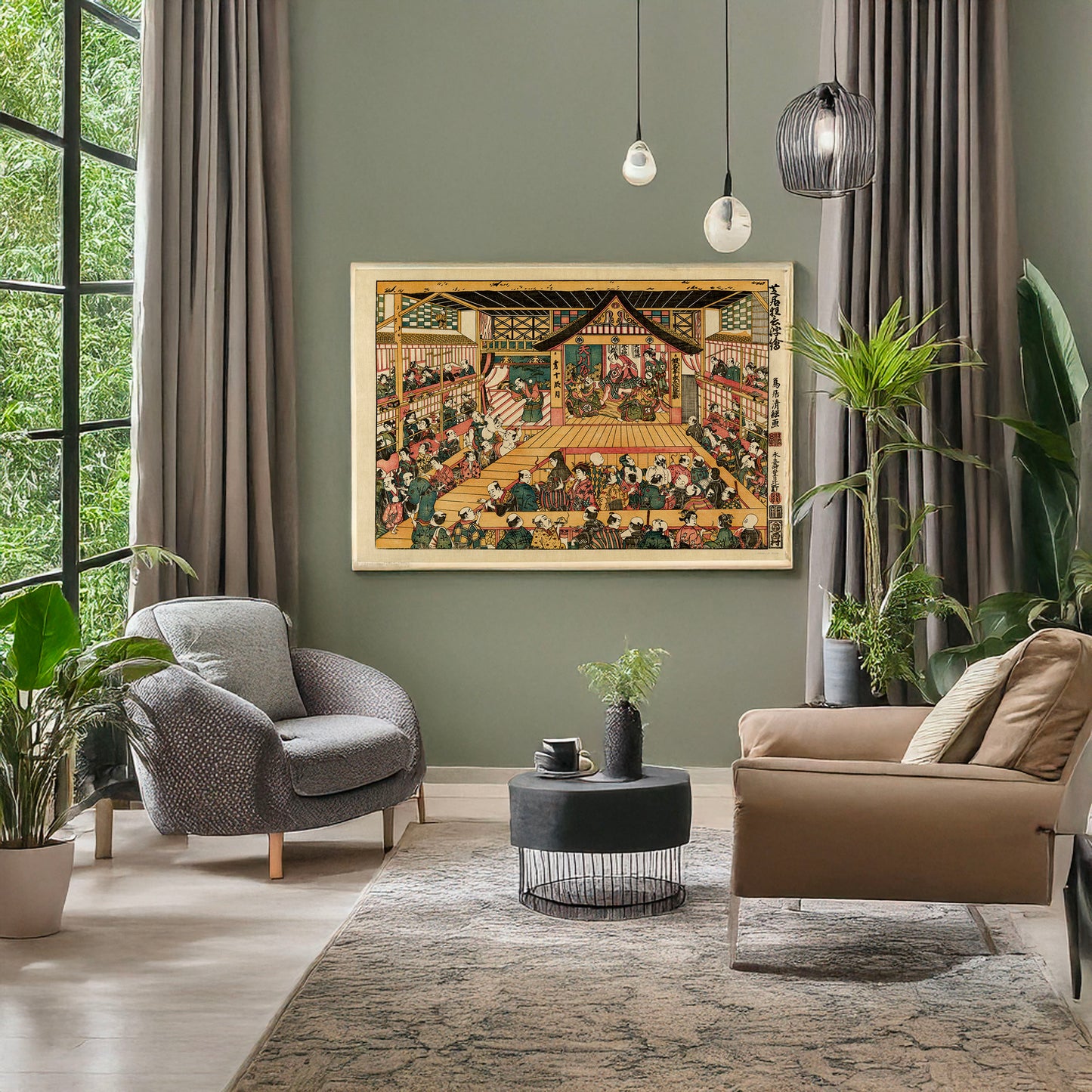 A picture of The interior of a kabuki theater, a mockup of the print leaning against a wall