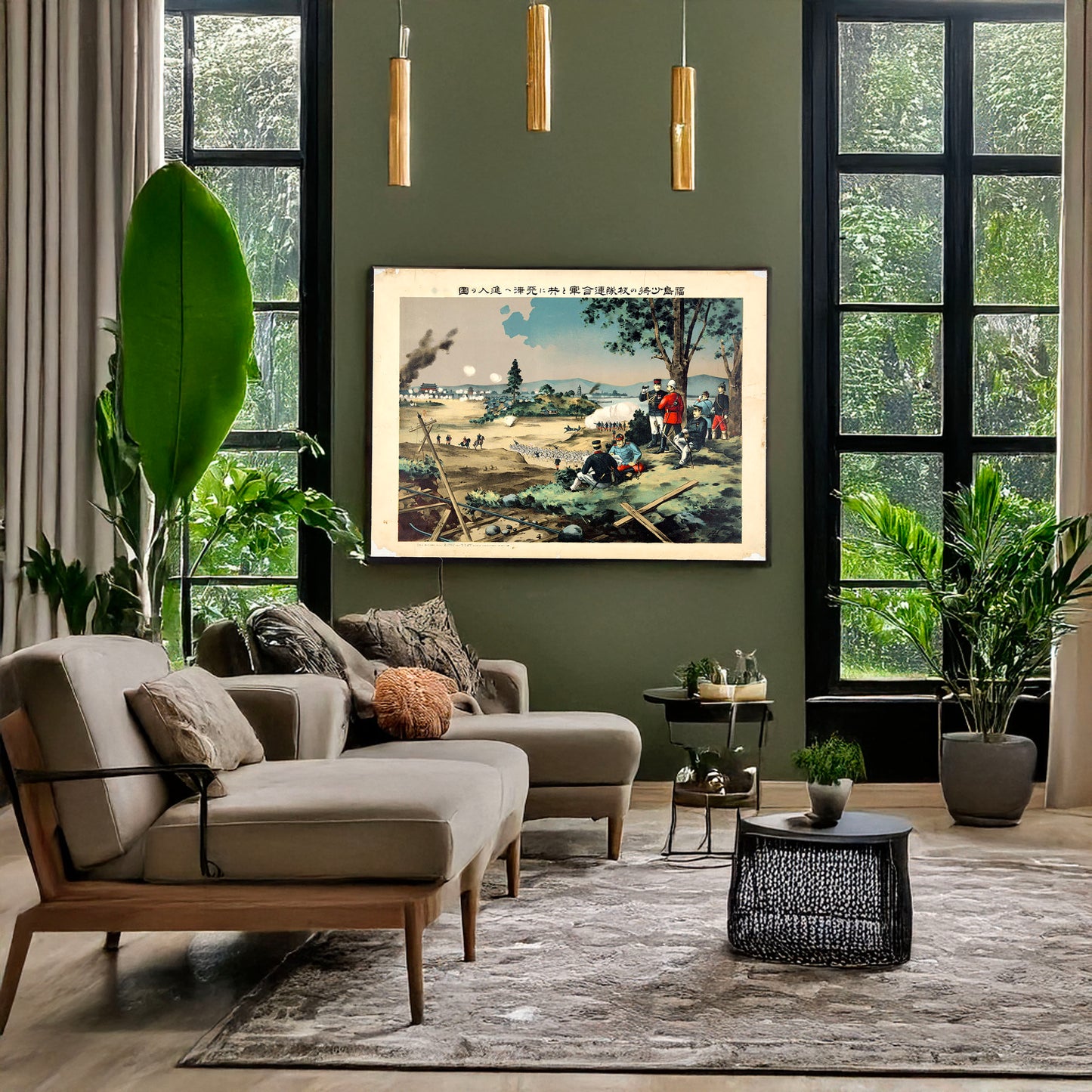 A picture of The Japanese army under Major General Fukushima advancing with the allied armies toward Tʻien-chin, China, a mockup of the print leaning against a wall