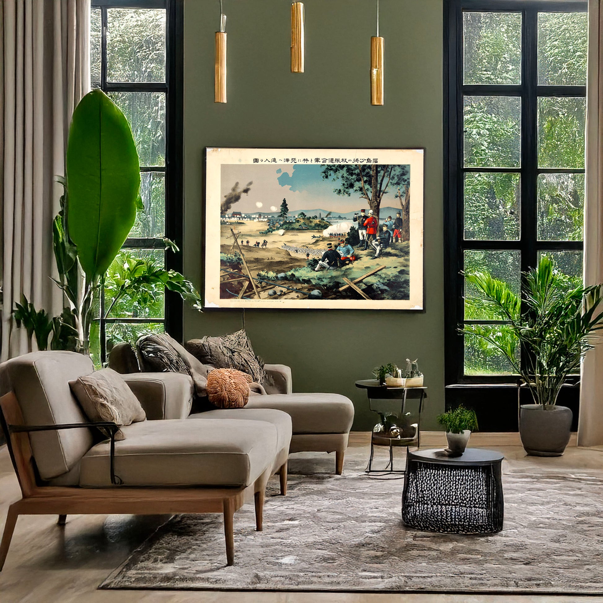 A picture of The Japanese army under Major General Fukushima advancing with the allied armies toward Tʻien-chin, China, a mockup of the print leaning against a wall