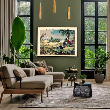 A picture of The Japanese army under Major General Fukushima advancing with the allied armies toward Tʻien-chin, China, a mockup of the print leaning against a wall