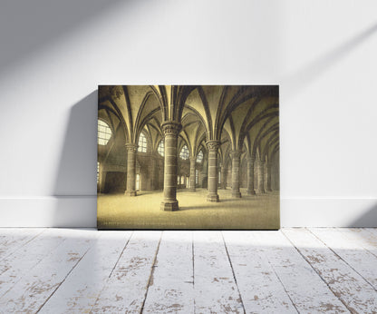 A picture of The knights' hall, Mont St. Michel, France, a mockup of the print leaning against a wall