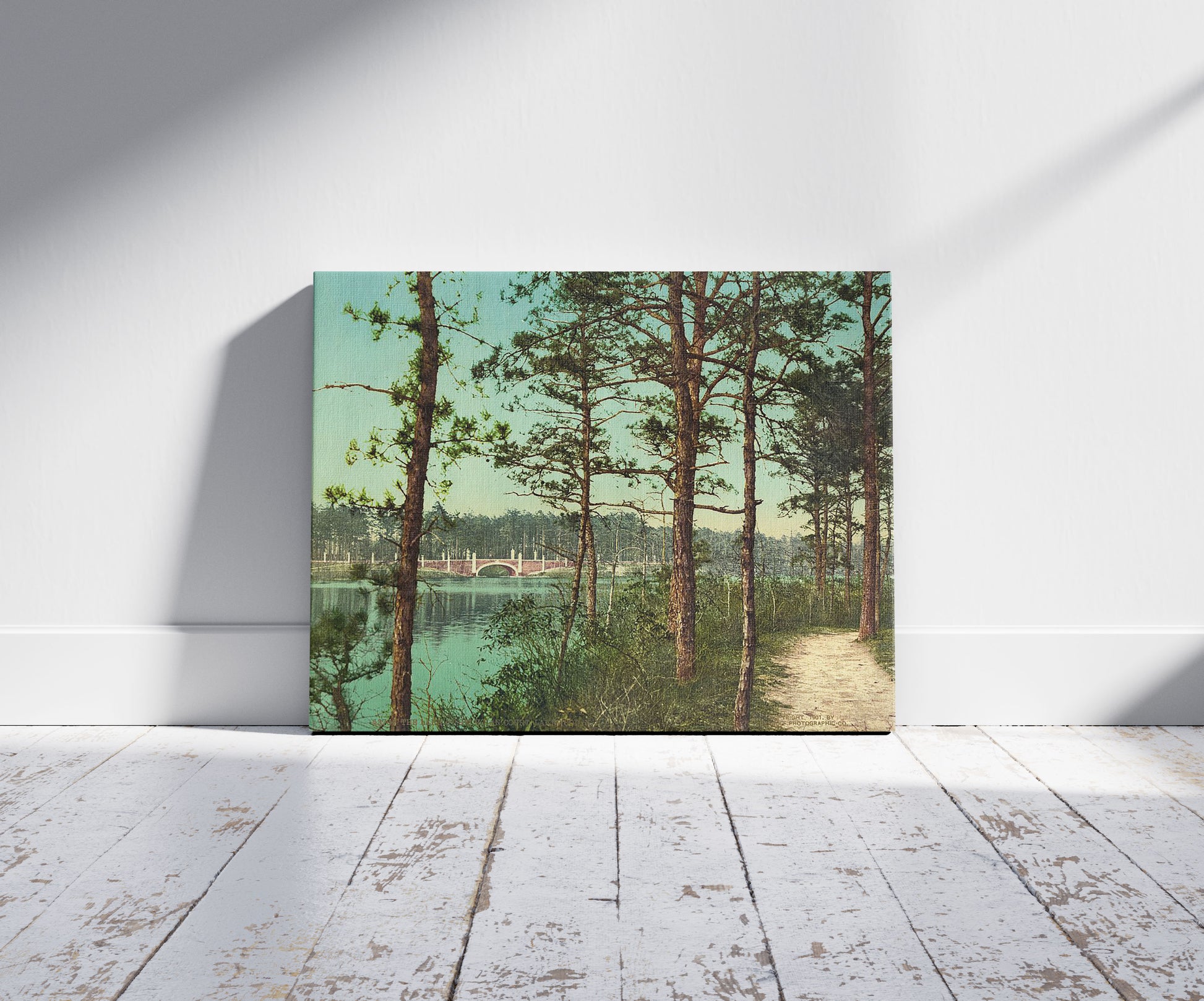 A picture of The lake at Georgian Court, Lakewood, N.J., a mockup of the print leaning against a wall