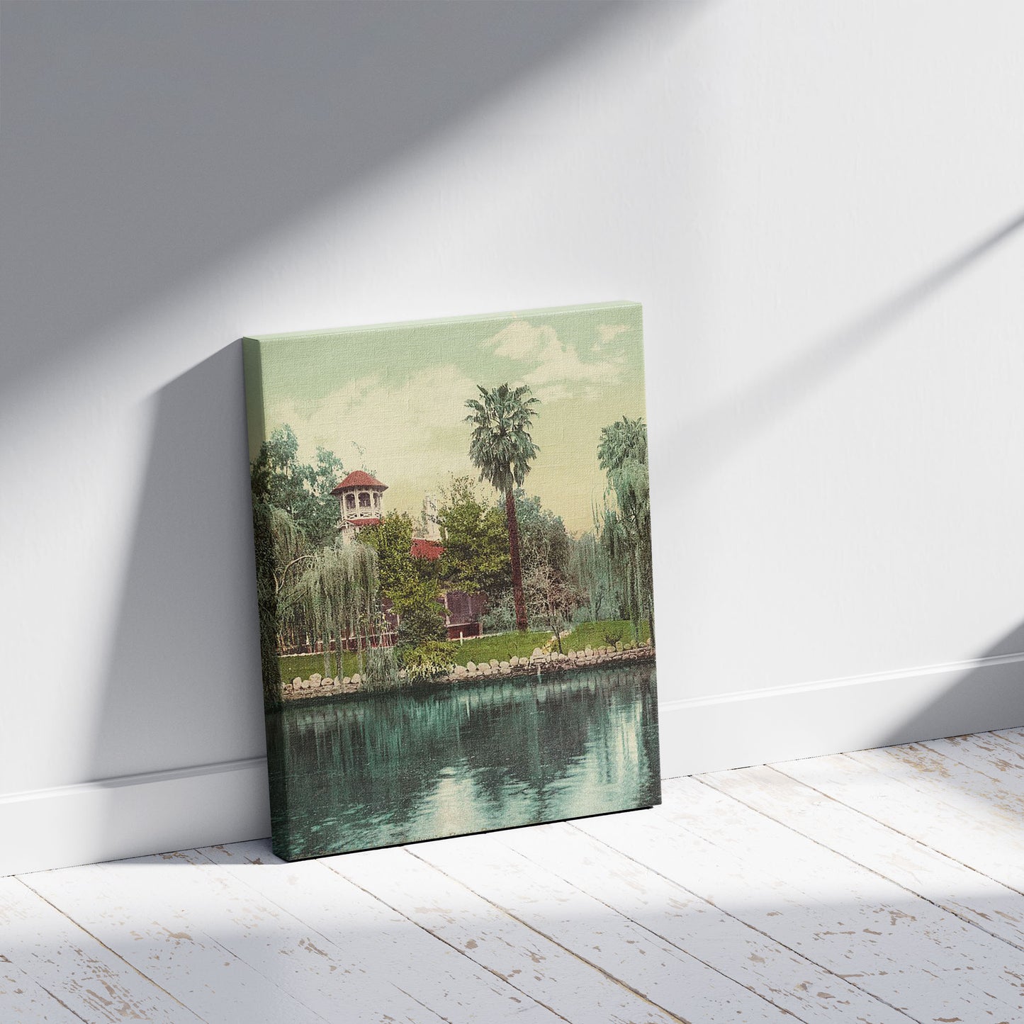 A picture of The lake, Lucky Baldwin's ranch, Pasadena, Cal., a mockup of the print leaning against a wall