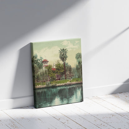 A picture of The lake, Lucky Baldwin's ranch, Pasadena, Cal., a mockup of the print leaning against a wall