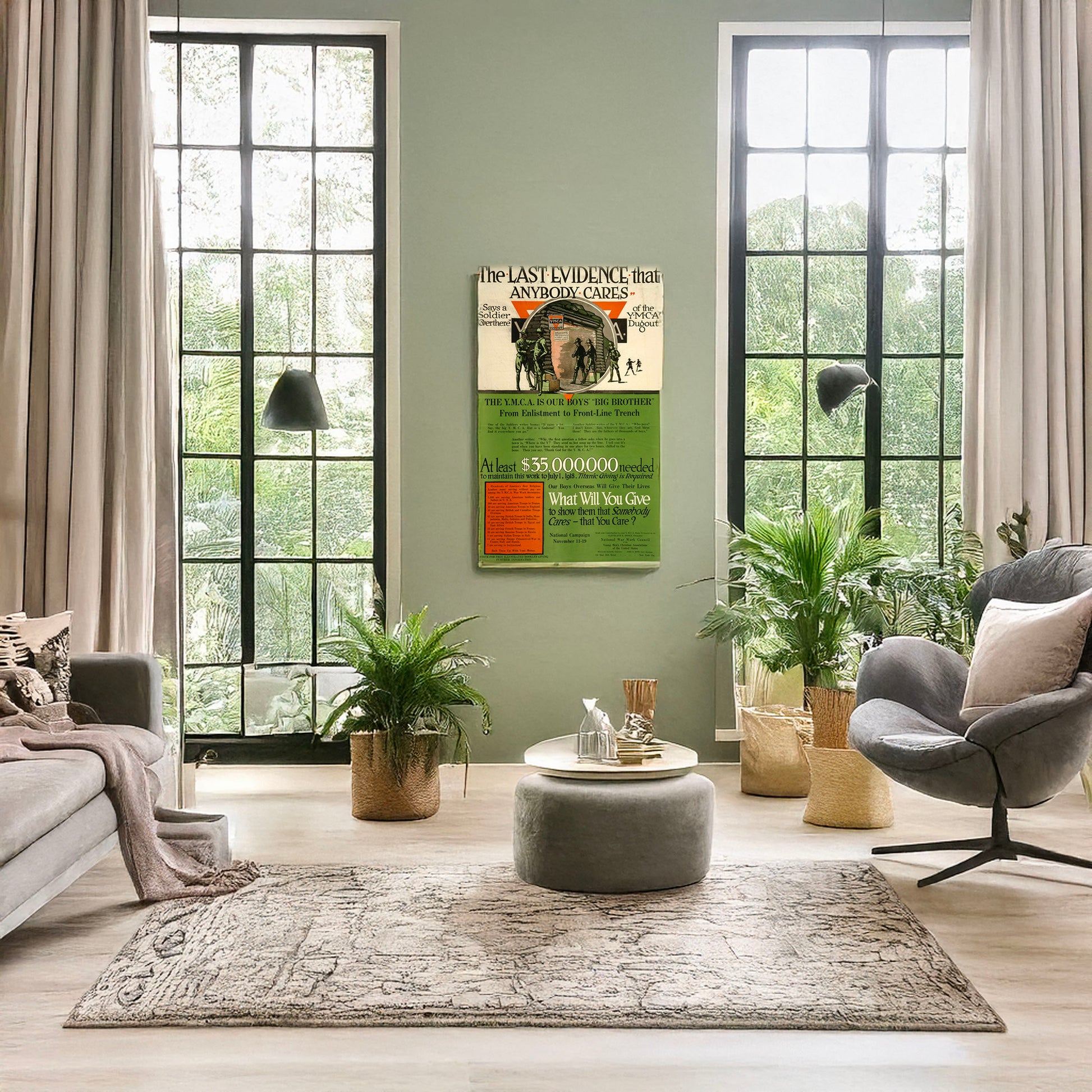 A picture of "The last evidence that anybody cares" says a soldier "over there" of the Y.M.C.A. dugout The Y.M.C.A. is our boys' "Big Brother" ... What will you give to show them that somebody cares - that you care?/, a mockup of the print leaning against a wall