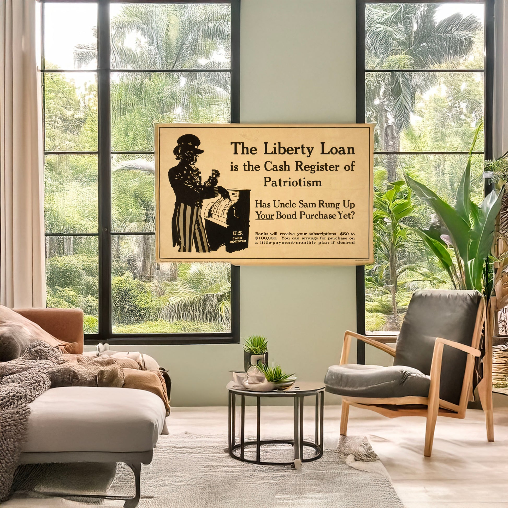 A picture of The Liberty Loan is the cash register of patriotism Has Uncle Sam rung up your bond purchase yet? /, a mockup of the print leaning against a wall