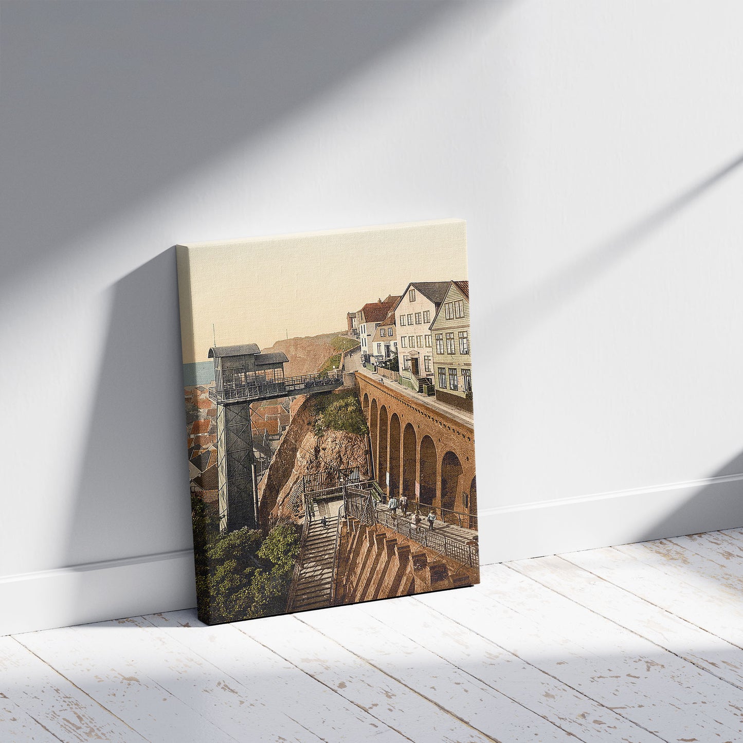 A picture of The Lift, Helgoland, Germany, a mockup of the print leaning against a wall