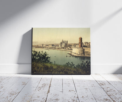 A picture of The lighthouse and cathedral, Marseilles, France, a mockup of the print leaning against a wall