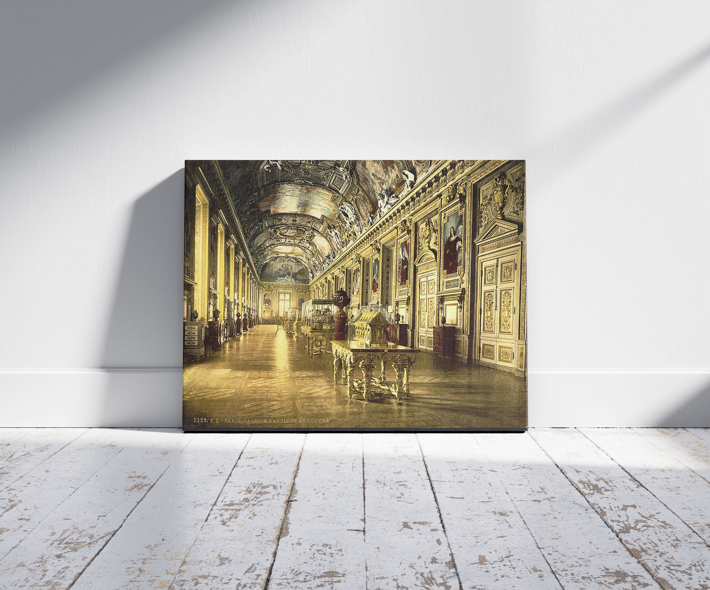 A picture of The Louvre, a gallery in the Louvre, Paris, France, a mockup of the print leaning against a wall