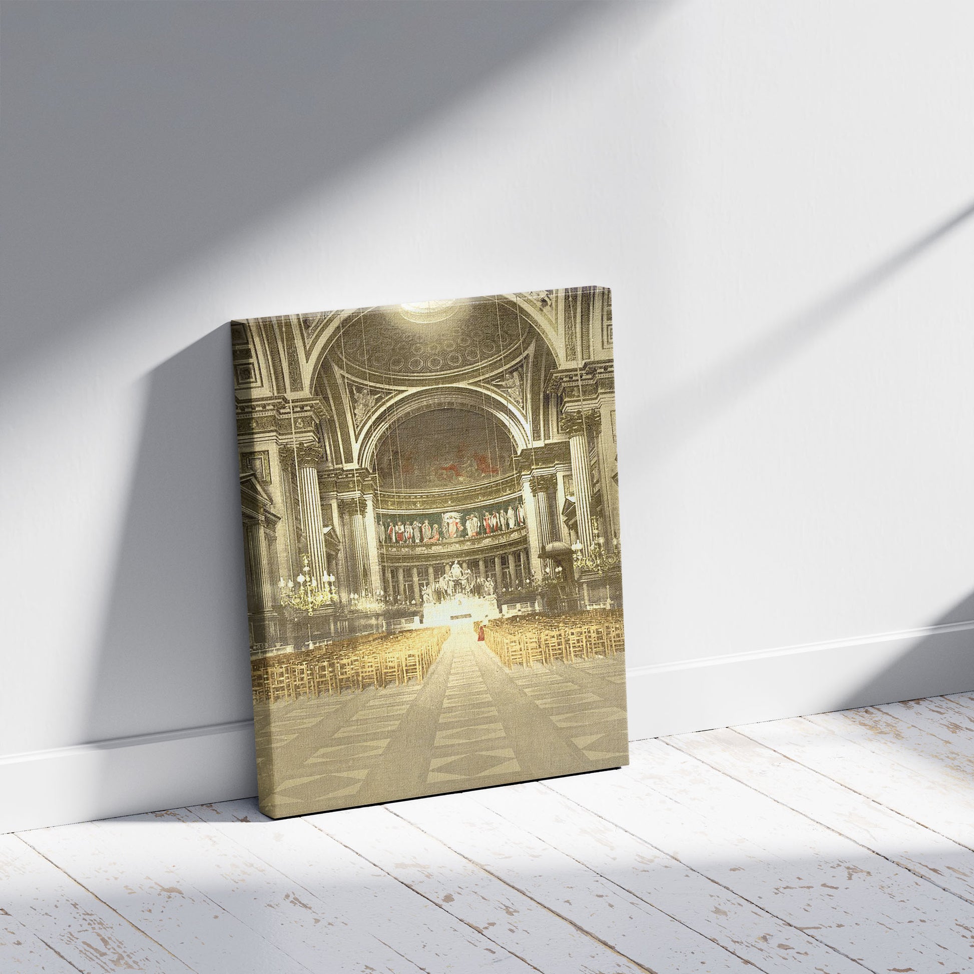 A picture of The Madeleine, interior, Paris, France, a mockup of the print leaning against a wall