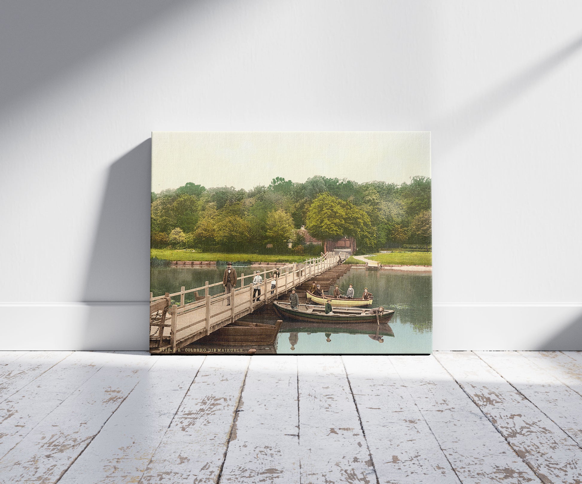 A picture of The Maikuhle, Colberg, Pomerania, Germany (i.e, Kołobrzeg, Poland), a mockup of the print leaning against a wall