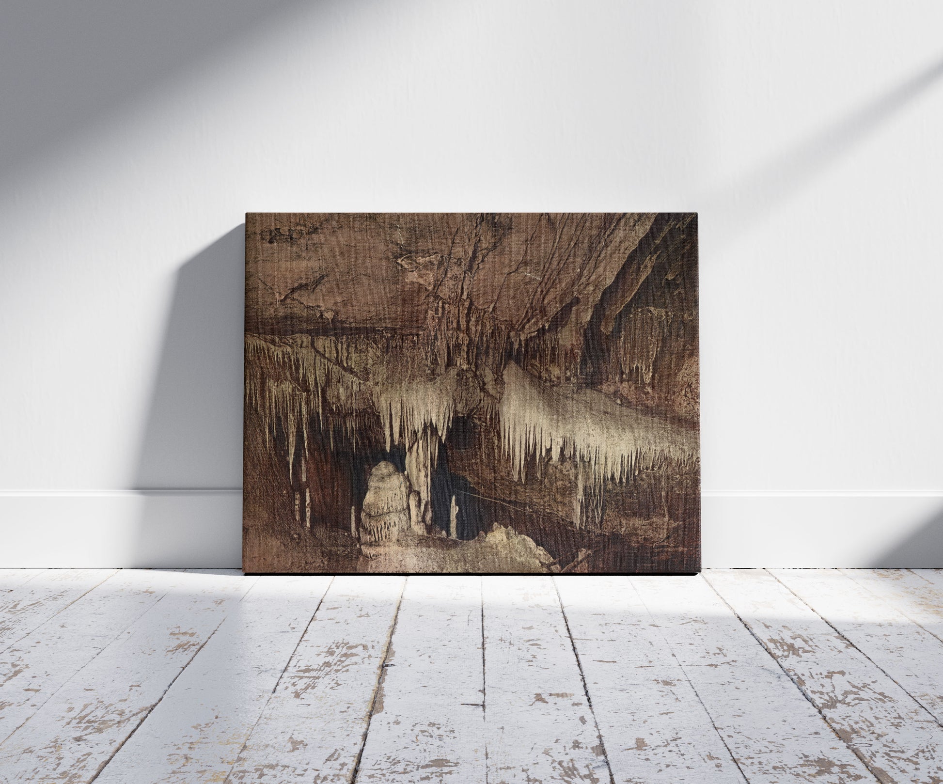 A picture of The Mantle Wombeyan Caves, N.S.W., a mockup of the print leaning against a wall