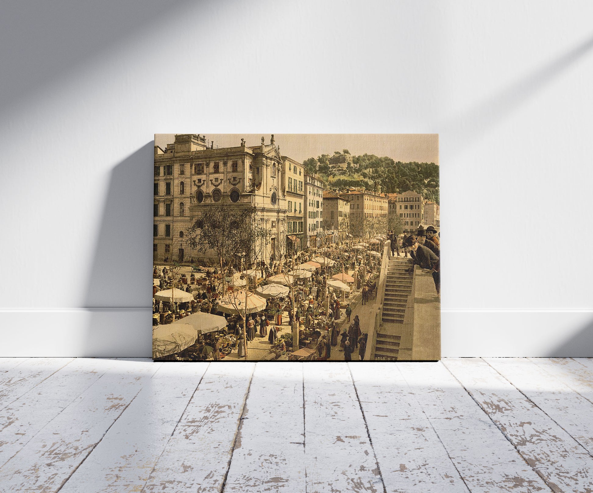 A picture of The market, Nice, Riviera, a mockup of the print leaning against a wall