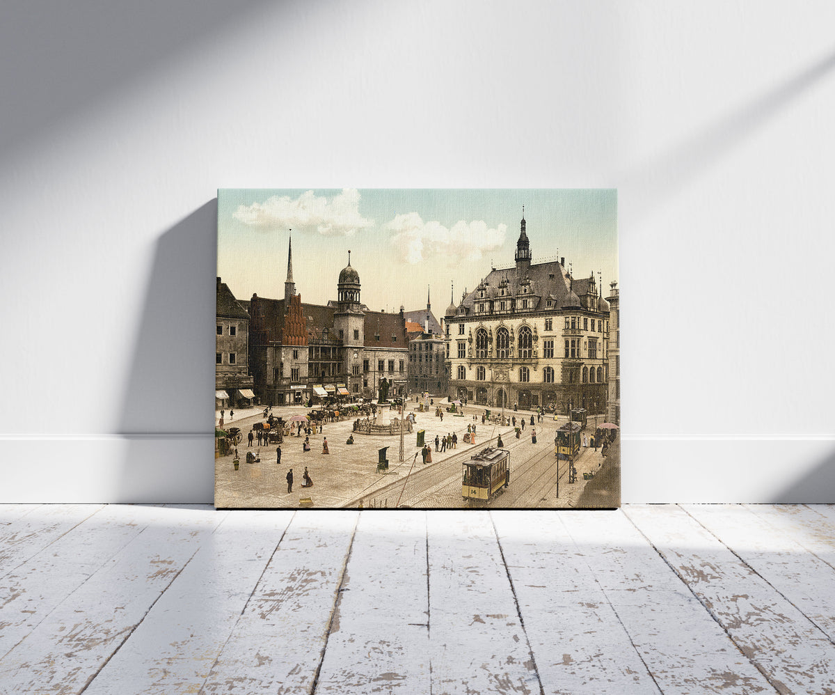 A picture of The market place and side of Hotel de Ville, Halle, German Saxony, Germany, a mockup of the print leaning against a wall