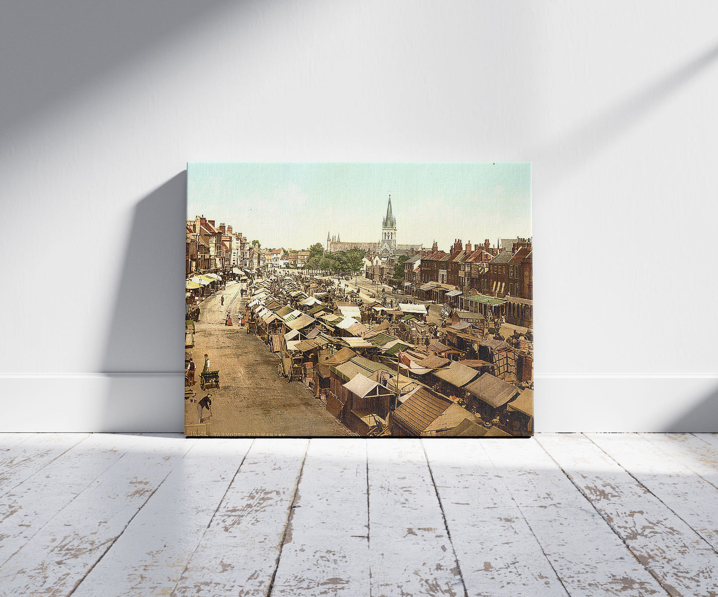 A picture of The market, Yarmouth, England, a mockup of the print leaning against a wall