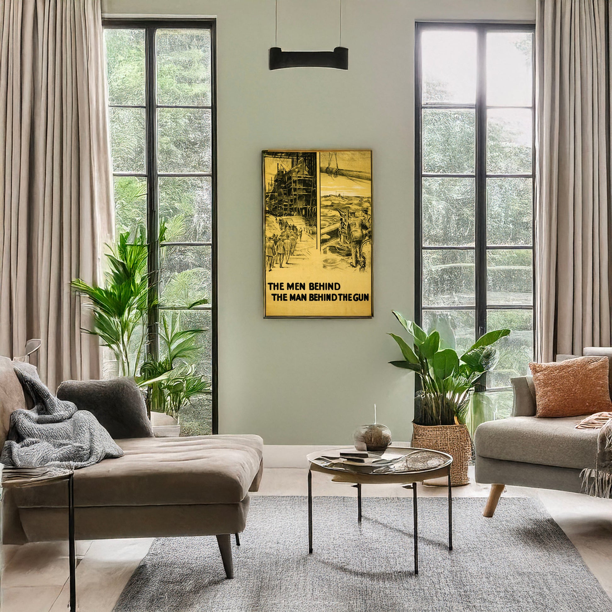 A picture of The men behind the man behind the gun, a mockup of the print leaning against a wall
