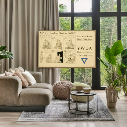 A picture of The men know home folks know YWCA hostess houses in seventy camps /, a mockup of the print leaning against a wall