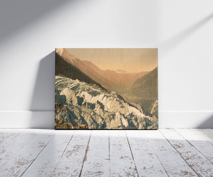 A picture of The Mer de Glace, and the Valley of Chamonix as seen from the Chapeau, i.e., Chapieux, Chamonix Valley, France, a mockup of the print leaning against a wall