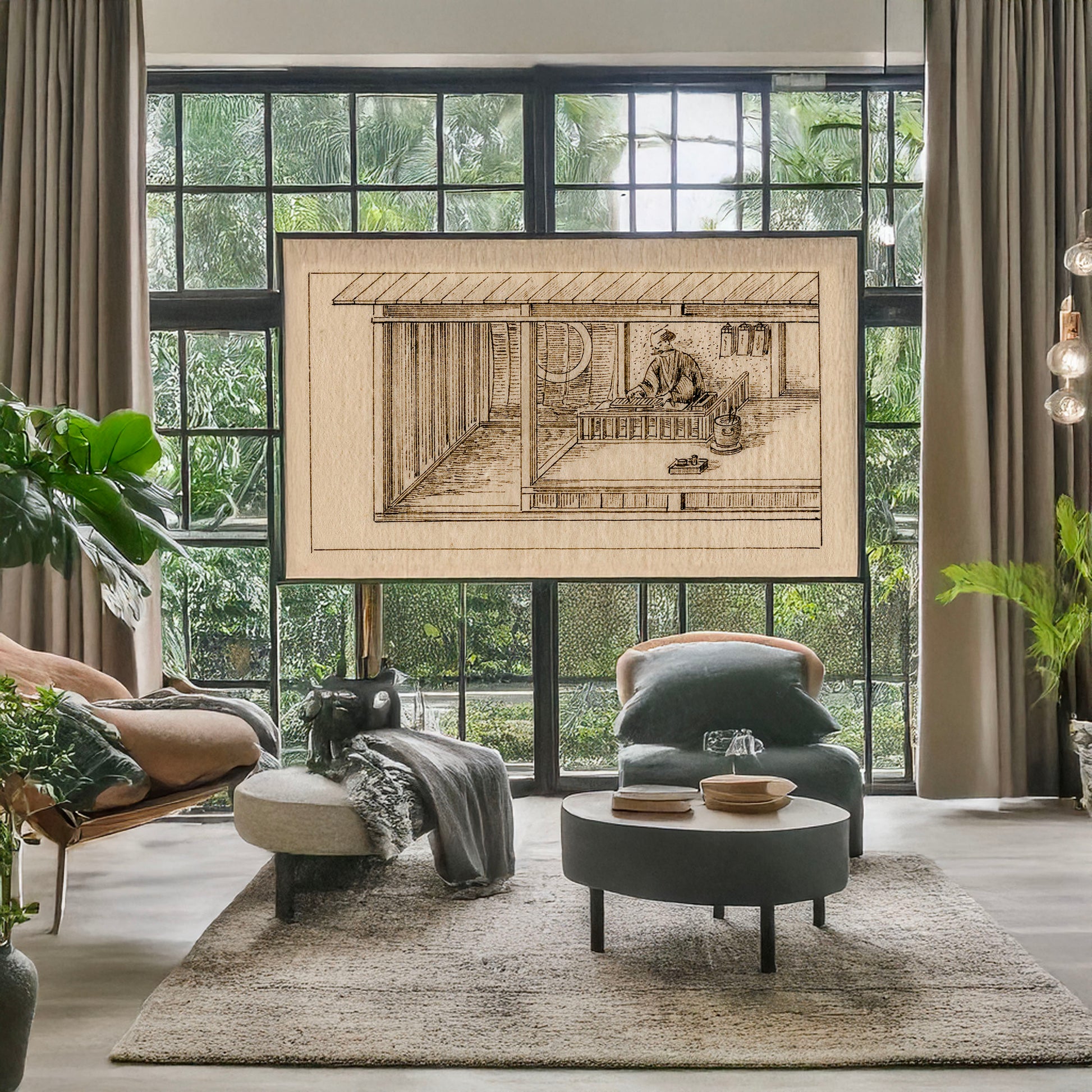 A picture of The merchant with his counting frame, a mockup of the print leaning against a wall