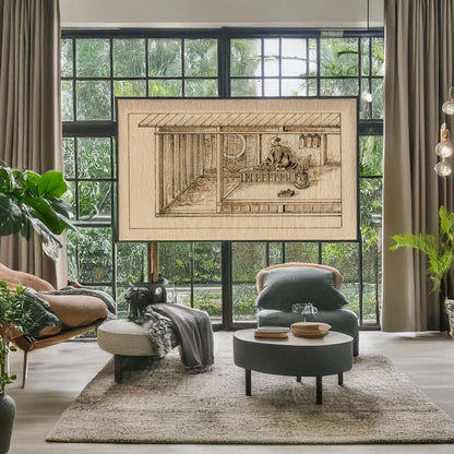 A picture of The merchant with his counting frame, a mockup of the print leaning against a wall
