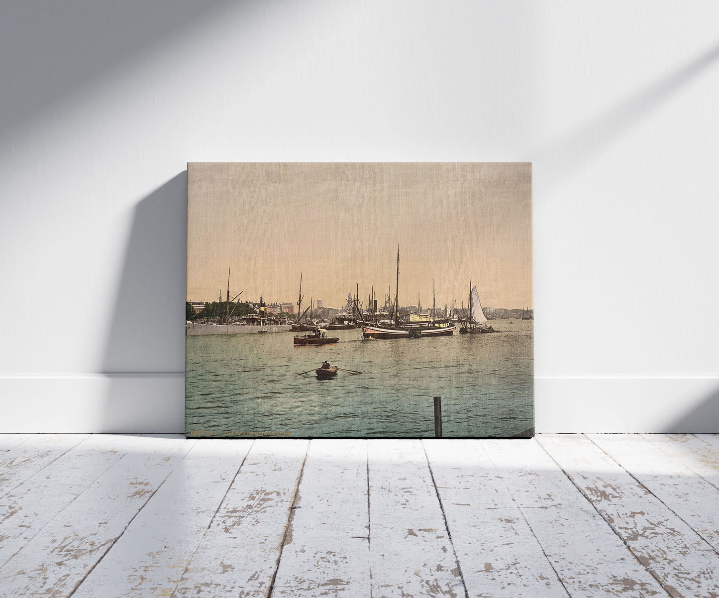 A picture of The Meuse River, Rotterdam, Holland, a mockup of the print leaning against a wall