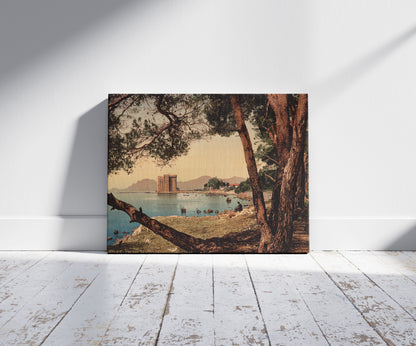 A picture of The monastery of St. Honorat, Cannes, Riviera, a mockup of the print leaning against a wall