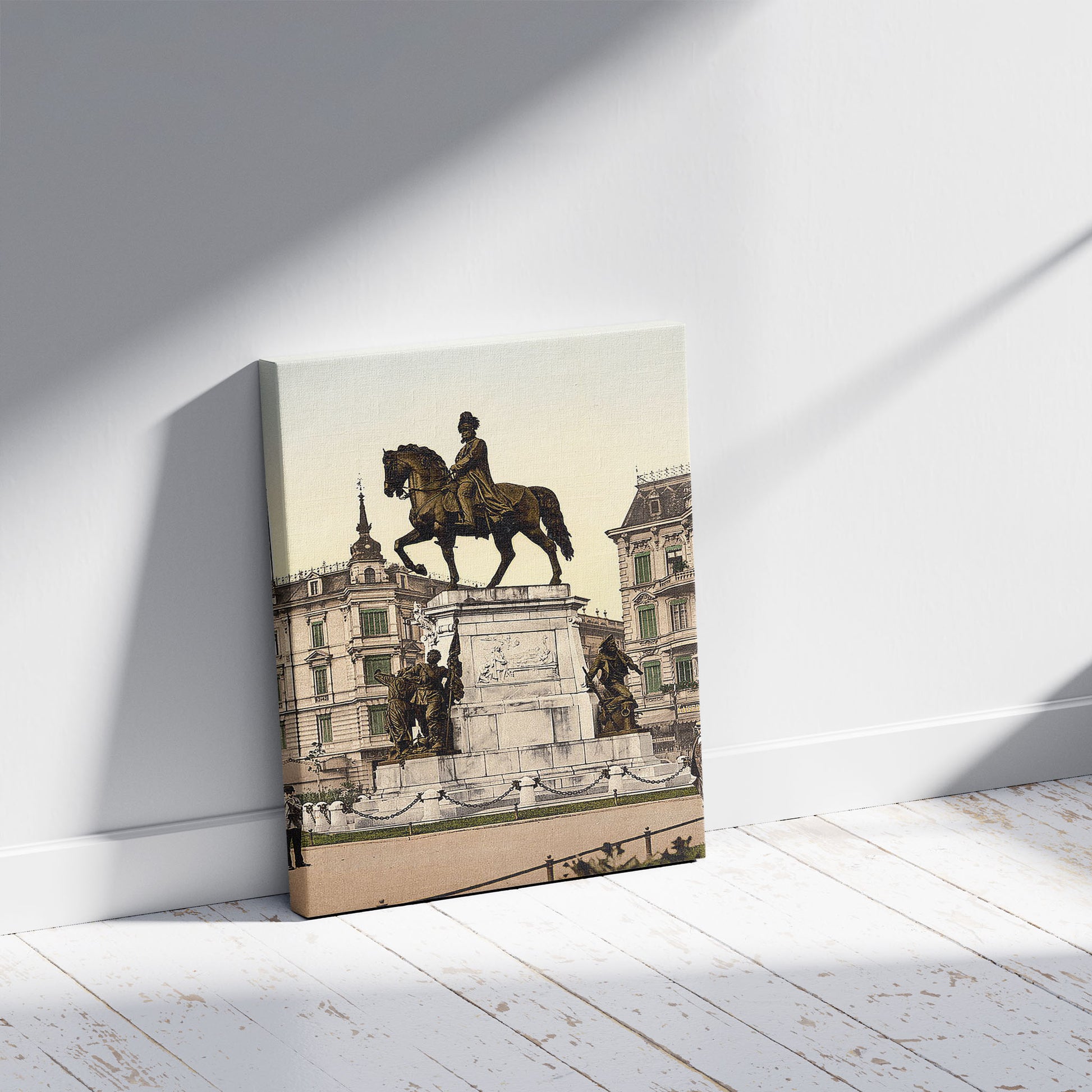 A picture of The Monument of Emperor William I, Stettin, Germany, a mockup of the print leaning against a wall
