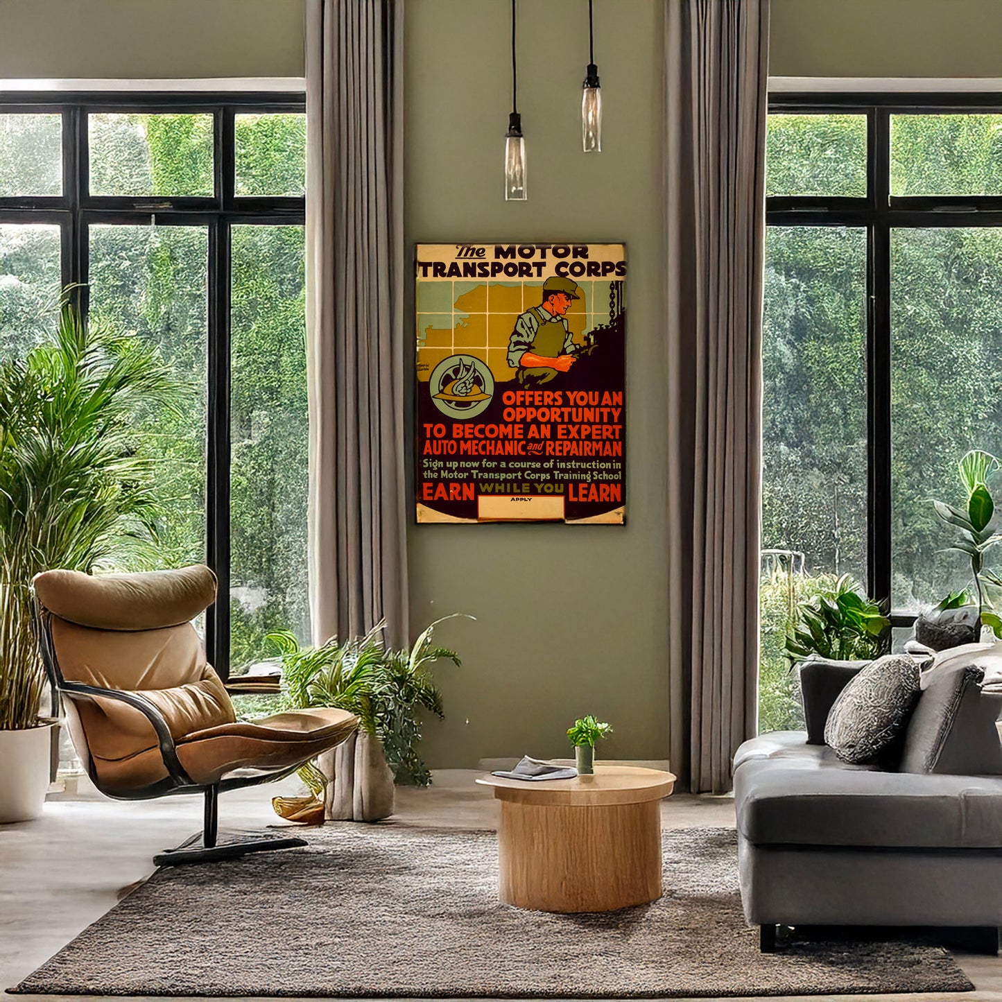A picture of The Motor Transport Corps offers you an opportunity to become an expert auto mechanic and repairman, a mockup of the print leaning against a wall