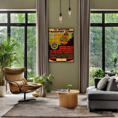 A picture of The Motor Transport Corps offers you an opportunity to become an expert auto mechanic and repairman, a mockup of the print leaning against a wall