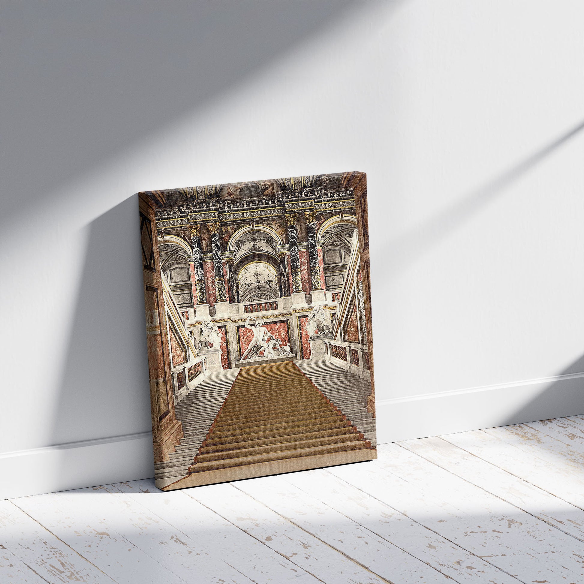 A picture of The Museum of Arts, the staircase, Vienna, Austro-Hungary, a mockup of the print leaning against a wall