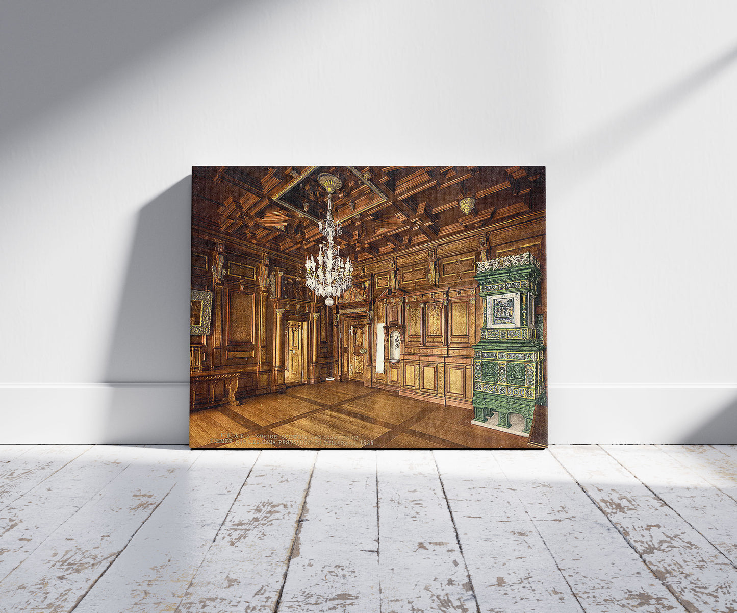 A picture of The museum, room from the Casa Pestalozzi in Chiavenna, Zurich, Switzerland, a mockup of the print leaning against a wall