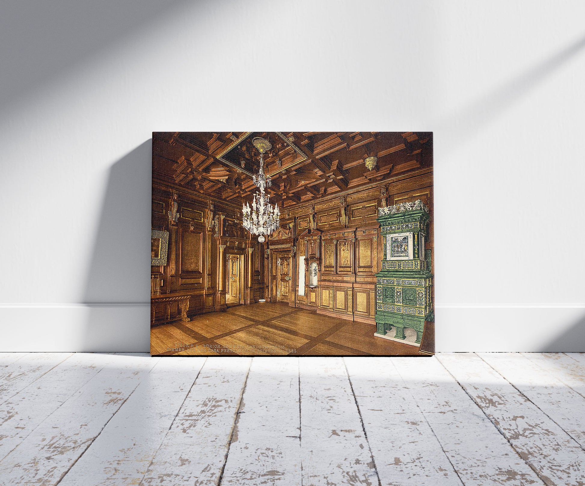 A picture of The museum, room from the Casa Pestalozzi in Chiavenna, Zurich, Switzerland, a mockup of the print leaning against a wall