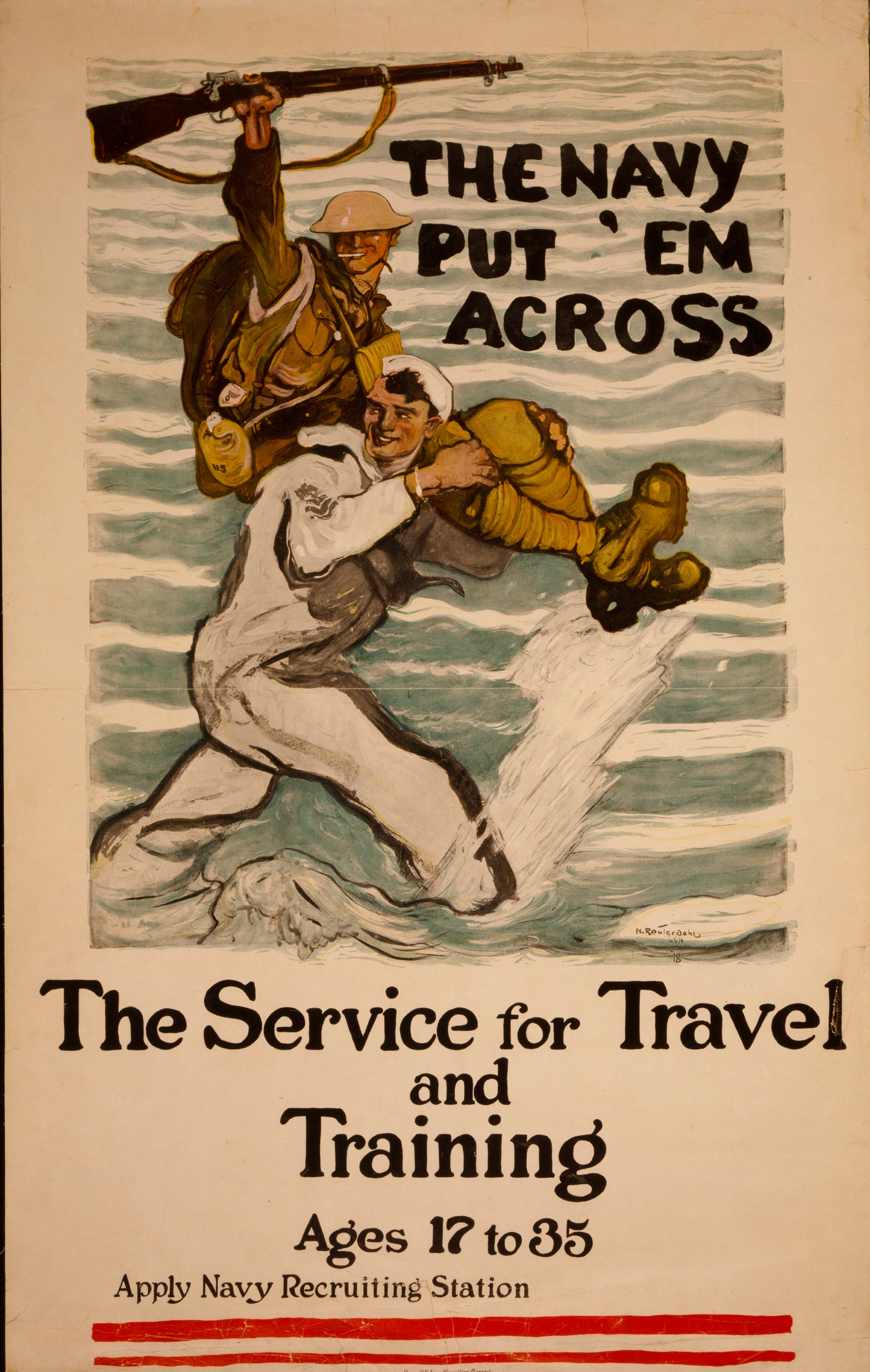 A picture of The Navy put 'em across The service for travel and training, ages 17 to 35 /