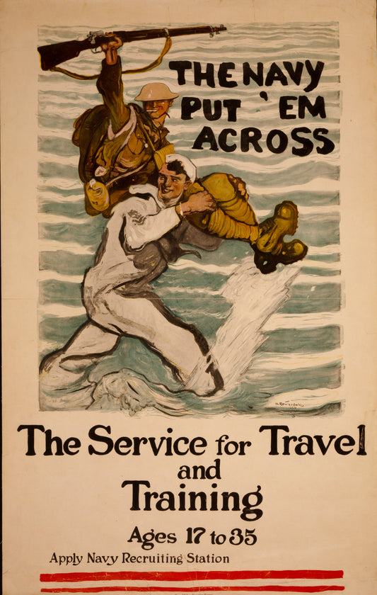 A picture of The Navy put 'em across The service for travel and training, ages 17 to 35 /
