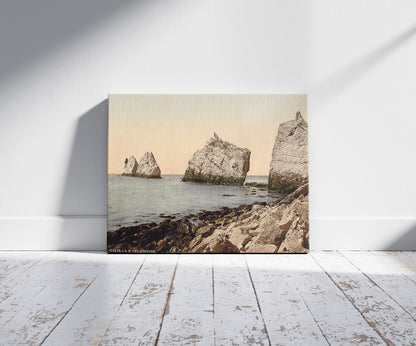 A picture of The Needles, I., Isle of Wight, England, a mockup of the print leaning against a wall