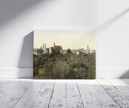 A picture of The new city, Vienna, Austro-Hungary, a mockup of the print leaning against a wall