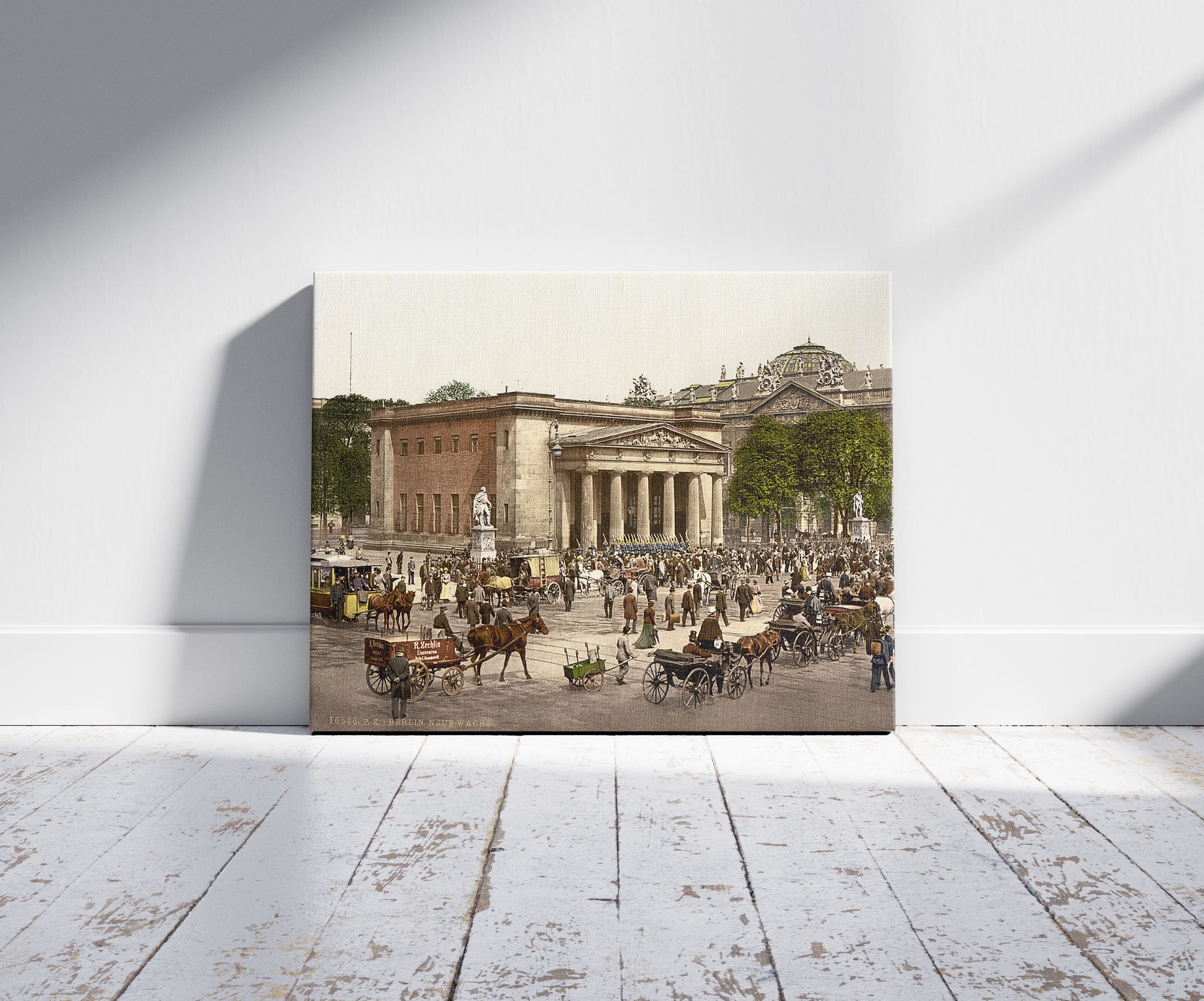 A picture of The "New Guard" and street scene, Berlin, Germany, a mockup of the print leaning against a wall