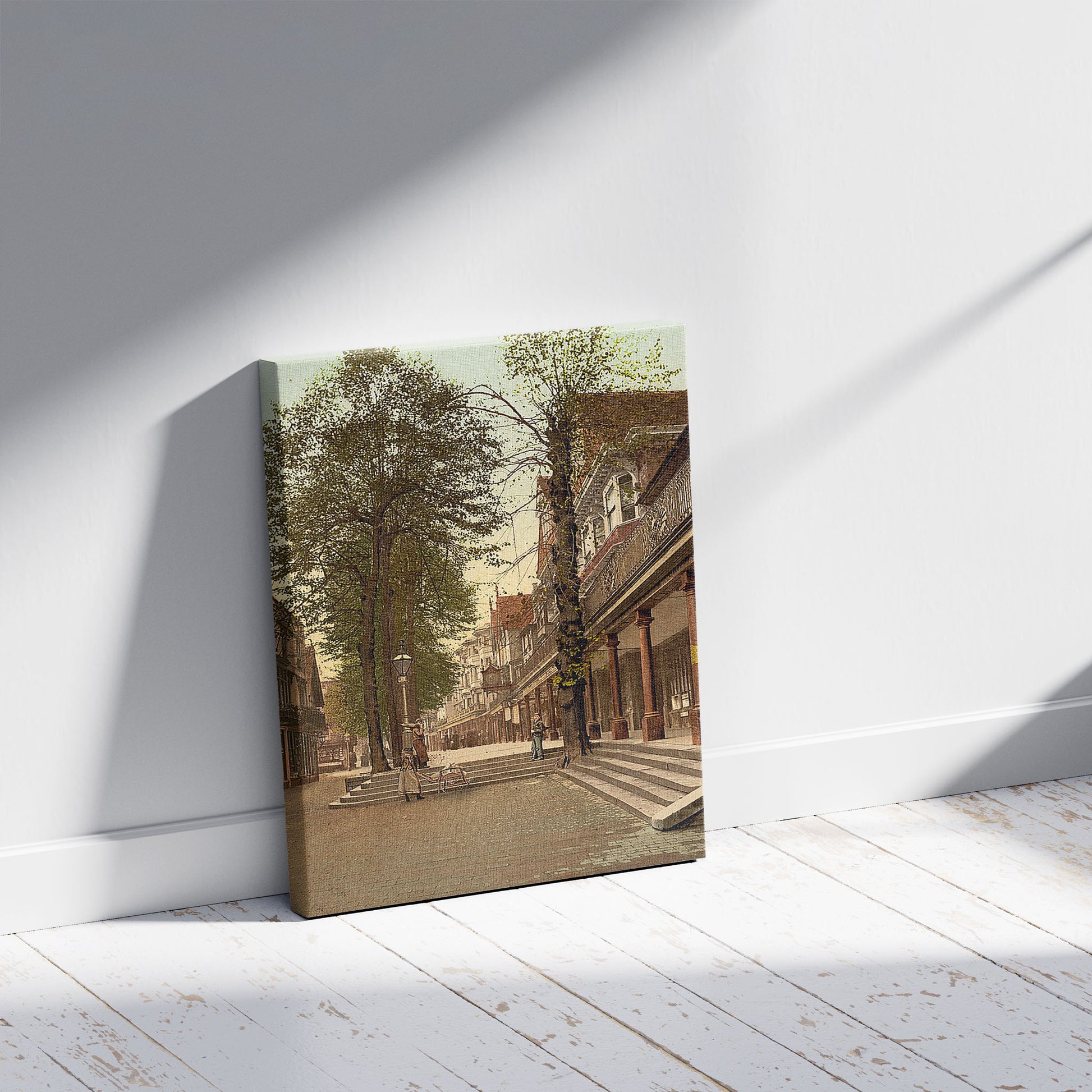 A picture of The Pantiles, looking south, Tunbridge Wells, England, a mockup of the print leaning against a wall