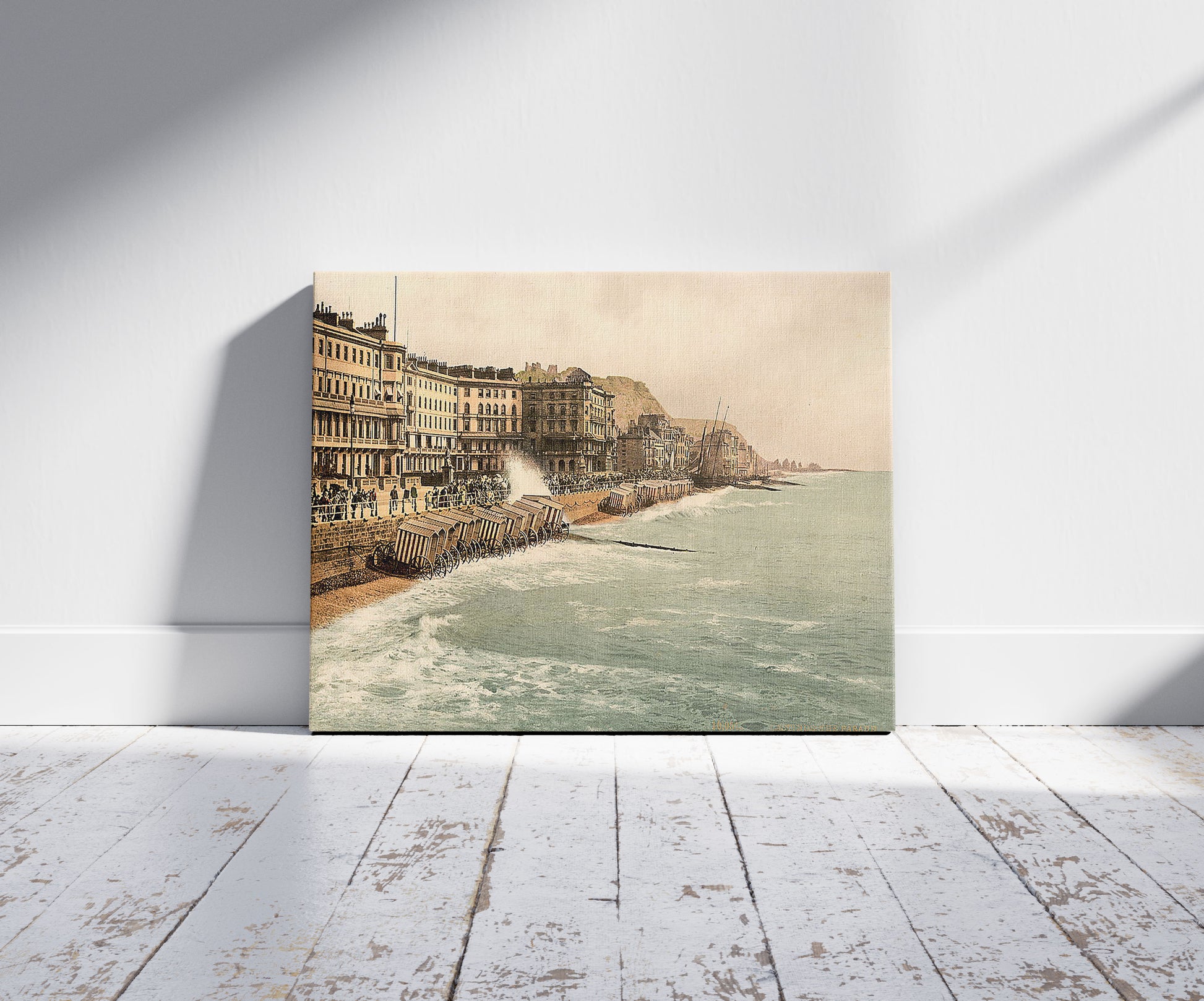 A picture of The parade, Hastings, England, a mockup of the print leaning against a wall