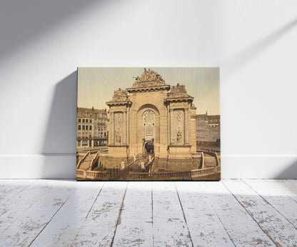 A picture of The Paris Gate, Lille, France, a mockup of the print leaning against a wall