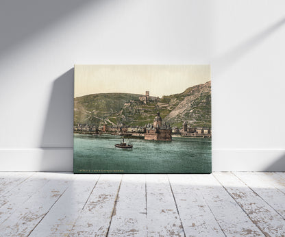 A picture of The Pfalz on the Rhine, Coub (i.e., Kaub), the Rhine, Germany, a mockup of the print leaning against a wall