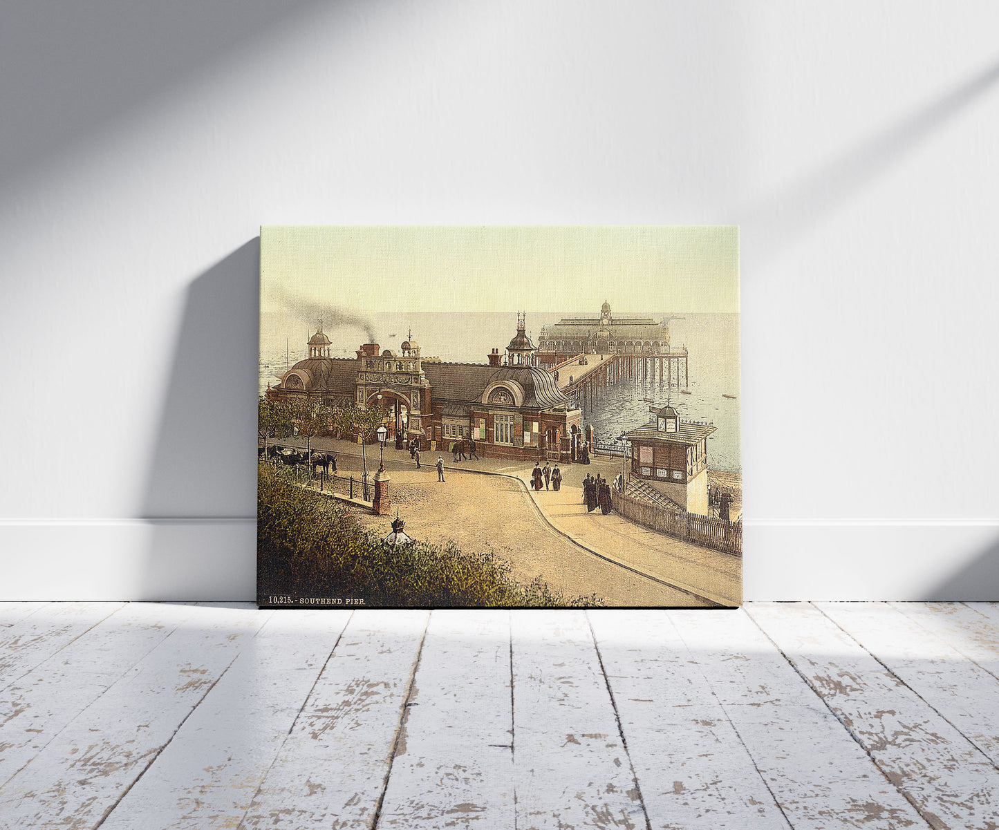 A picture of The pier, Southend-on-Sea, England, a mockup of the print leaning against a wall