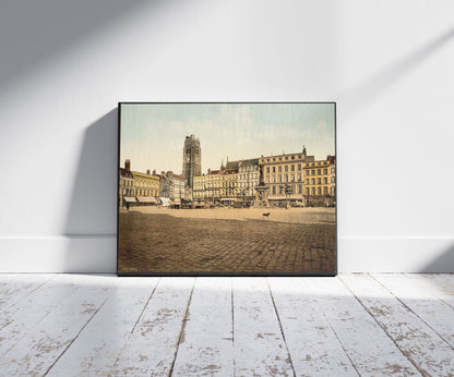 A picture of The Place Jean Bart, Dunkirk, France, a mockup of the print leaning against a wall