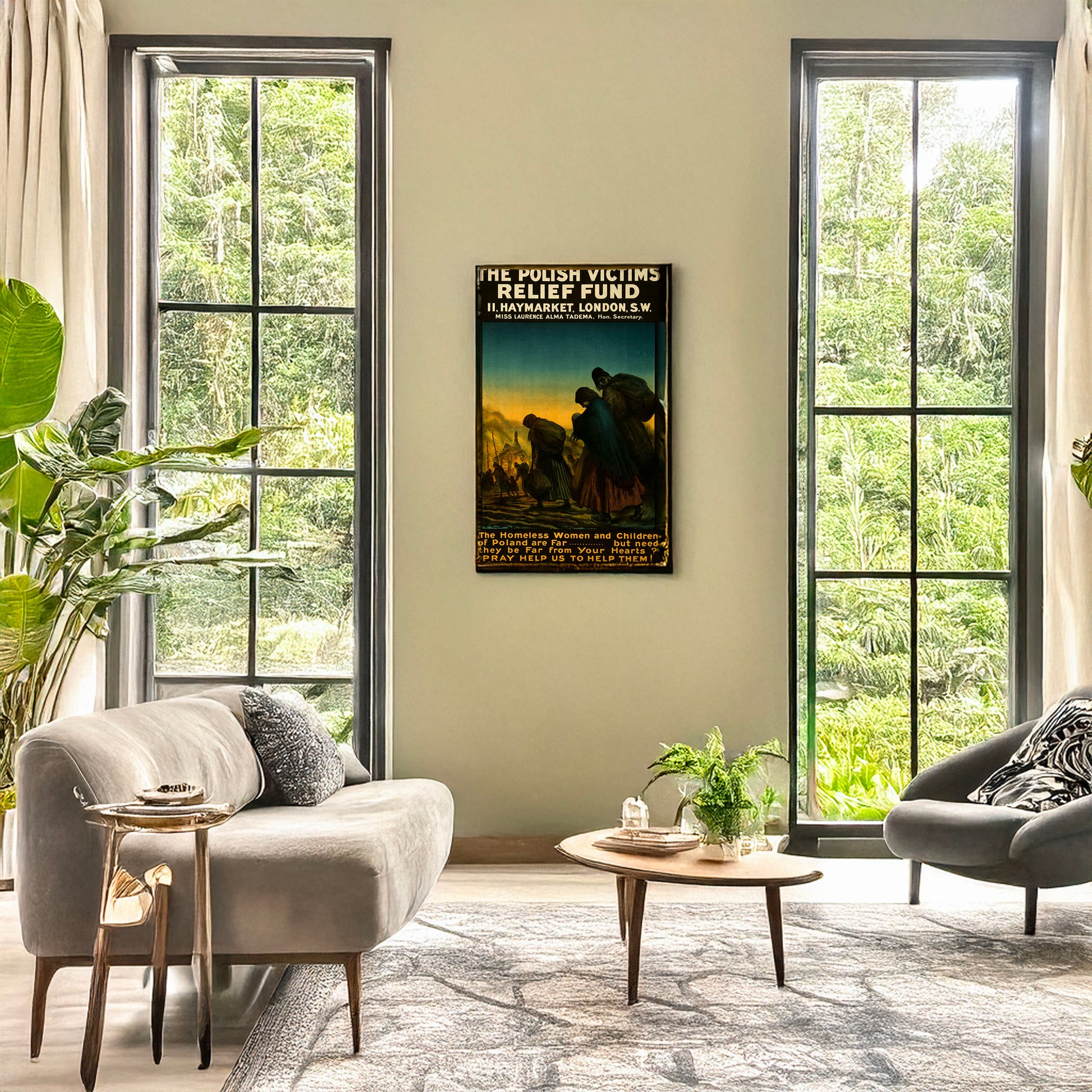 A picture of The Polish Victims' Relief Fund. ... The homeless women and children of Poland are far, but need they be far from your hearts? Pray help us to help them!, a mockup of the print leaning against a wall