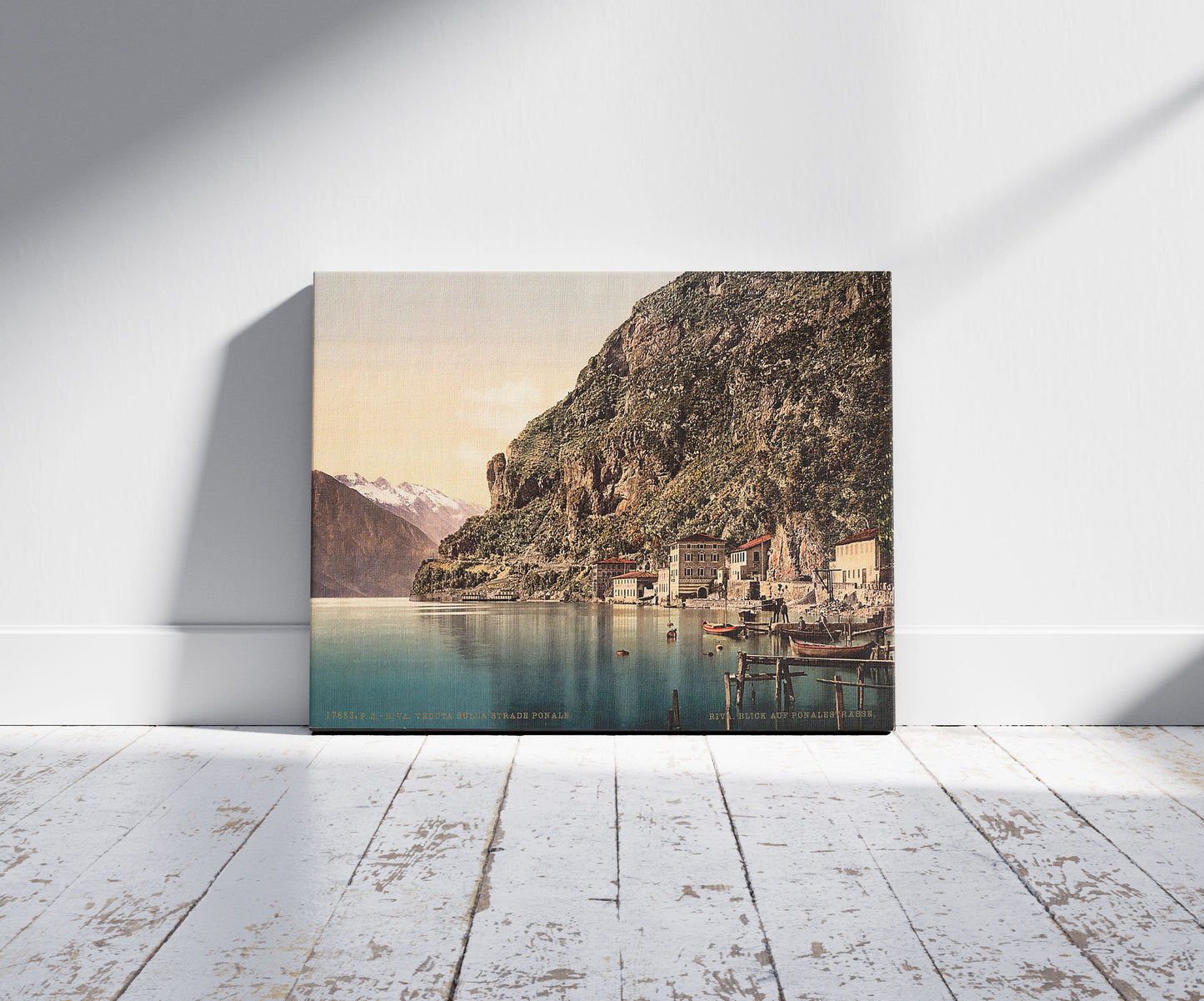 A picture of The Ponale Road, Riva, Lake Garda, Italy, a mockup of the print leaning against a wall