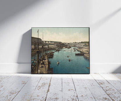 A picture of The Port Militaire from swing bridge, Brest, France, a mockup of the print leaning against a wall